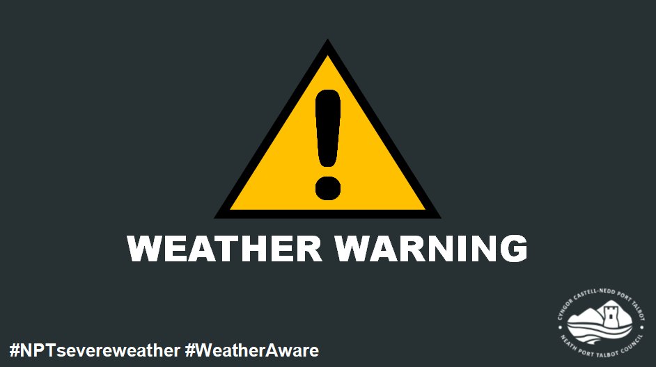 A YELLOW WARNING for WIND has been issued for WALES for SATURDAY (12 Mar) between 13:00 to 19:00. The <a href="/NPTCouncil/">Neath Port Talbot Council</a>  area is covered by this warning.

For more information &amp; advice on this warning, go to the 
<a href="/metoffice/">Met Office</a> website: metoffice.gov.uk/weather/warnin…