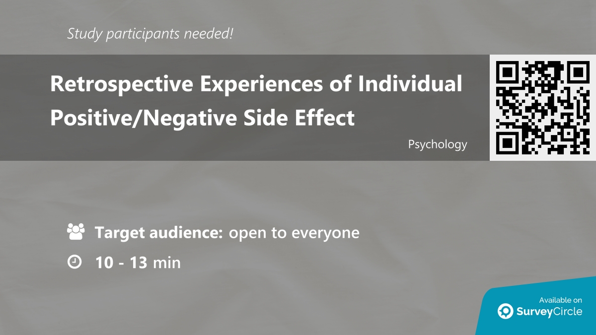daily_research's tweet image. Participants needed for online survey!

Topic: "Retrospective Experiences of Individual Positive/Negative Side Effect" surveycircle.com/GSK8GD/ via @SurveyCircle

#opioid #FirstTimeUser #SideEffects #euphoria #survey #surveycircle