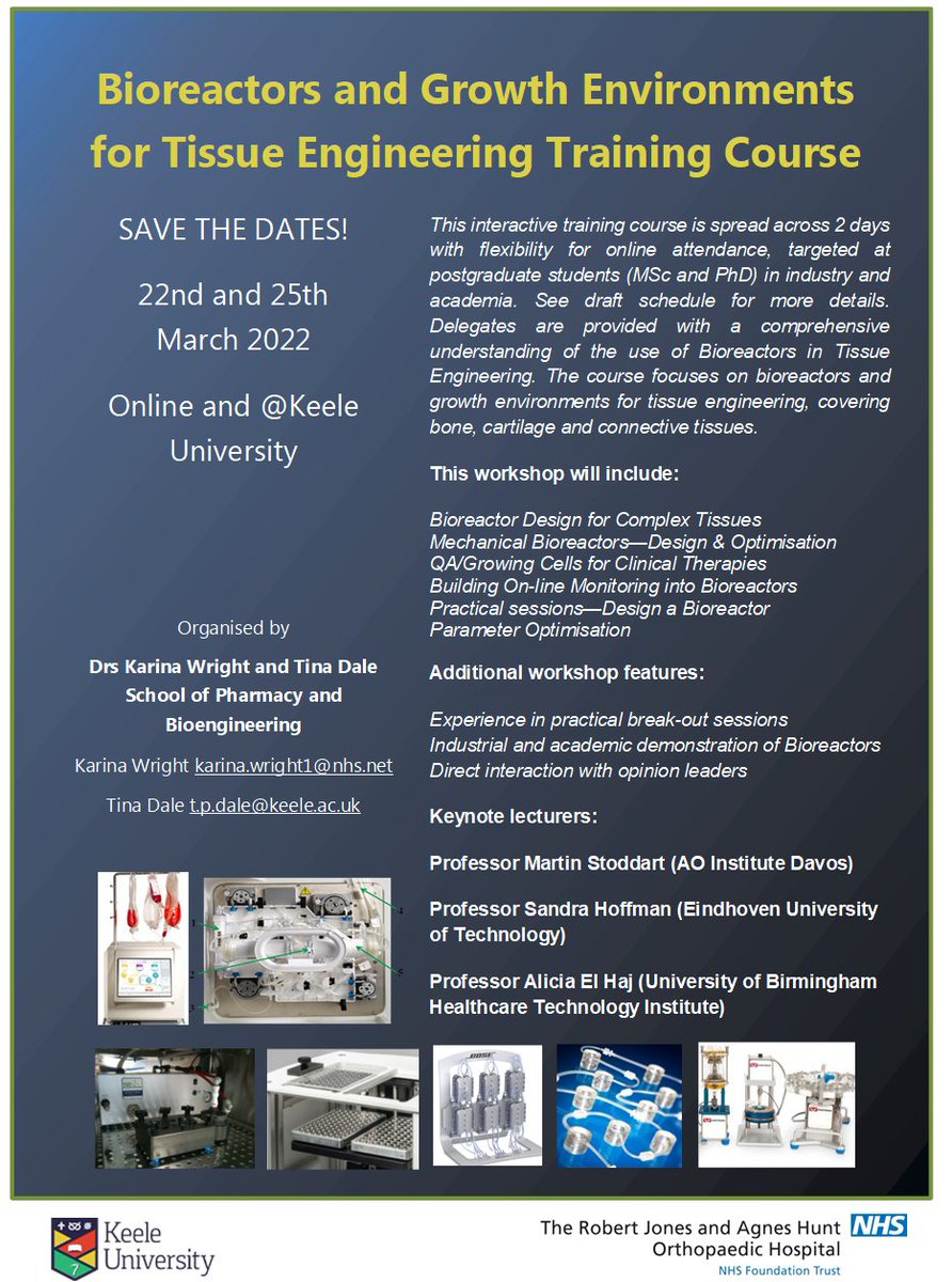 Last chance to register for the free, virtual "Bioreactors and growth environments for tissue engineering" course run by <a href="/KeeleUniversity/">Keele University 🐿️</a>, ideal for grad and postgrad students and others with an interest in bioreactors #bioreactors #tissueengineering #bioengineering #Training