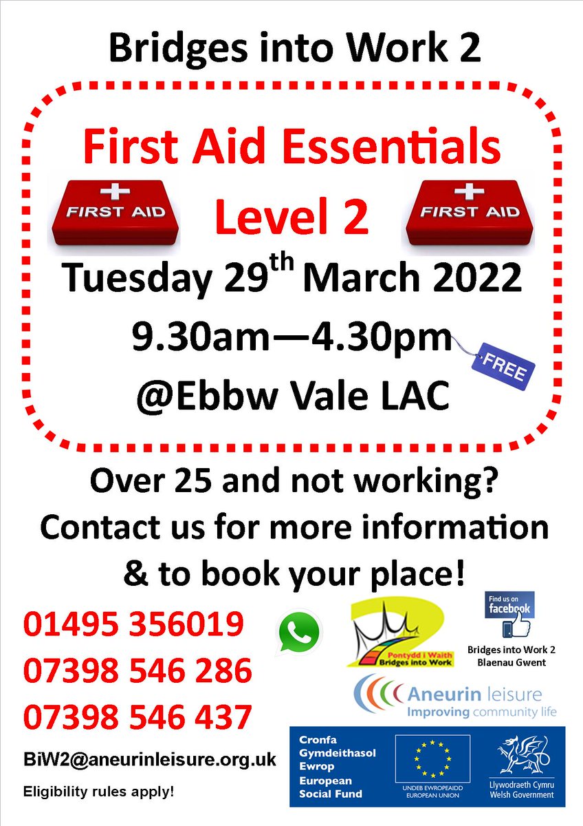 There are still places available on the First Aid Essentials course at Ebbw Vale LAC on Tuesday 29 March. Contact us for more information and to book your place. Eligibility rules apply.