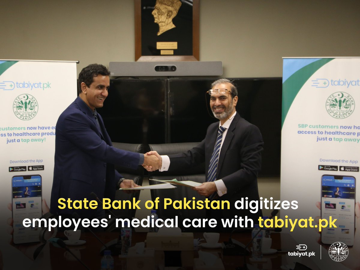 tabiyat_pk's tweet photo. We are proud to announce our partnership with the State Bank of Pakistan!

Through this partnership, we will be providing an online platform to the employees of the State Bank of Pakistan for easy access to authentic medicines across Pakistan.

#tabiyatpk #TabiyatKhush #Tabiyat https://t.co/42DdrfhW1A