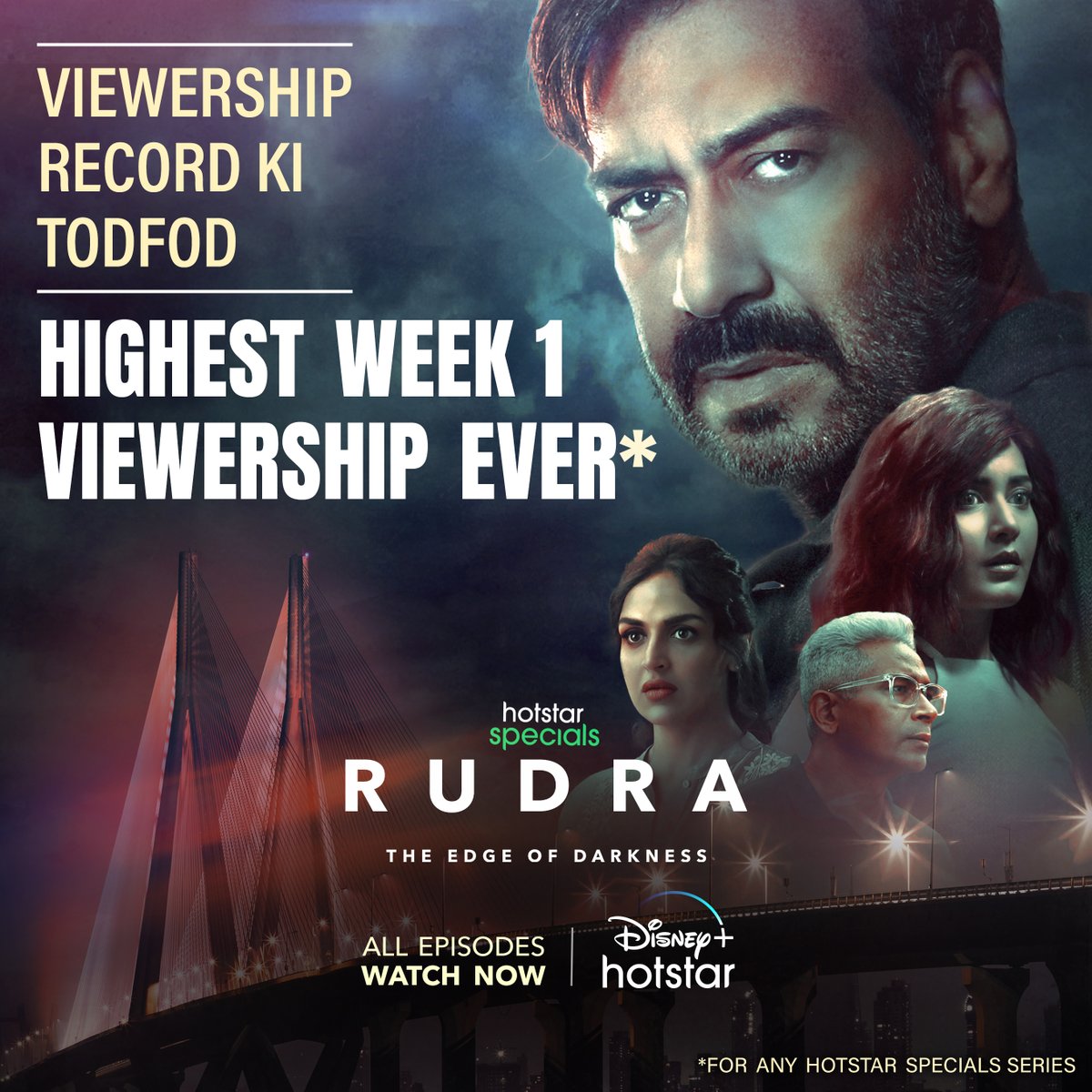 ApplauseSocial's tweet photo. Rudra doesn't simply break records, voh tod-fod karta hai! 
#HotstarSpecials #Rudra - All episodes now streaming only on @DisneyPlusHS 
#RudraOnHotstar https://t.co/DipKbgWIcA