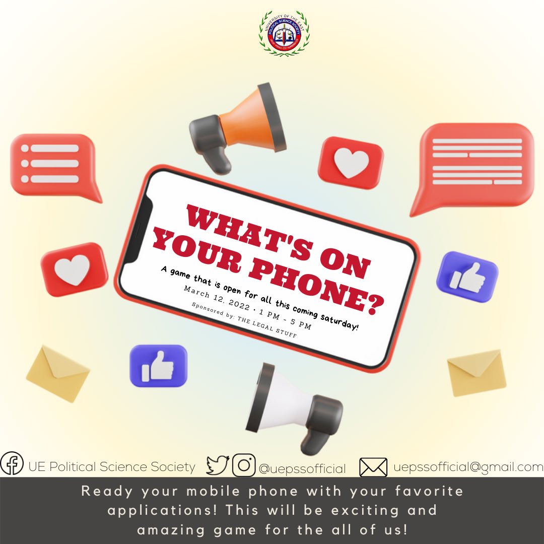uepssofficial's tweet photo. Itโs not an event without a good game to play! Hereโs a little sneak peek of tomorrowโs game: Whatโs On Your Phone? ๐ง
Watch out for special prizes, sponsored by The Legal Stuff! ๐
See you tomorrow! ๐๐ผ
#SulongPolSci
#IncedereSineTimore
#ForwardWithoutFear https://t.co/y1O5aMt43g