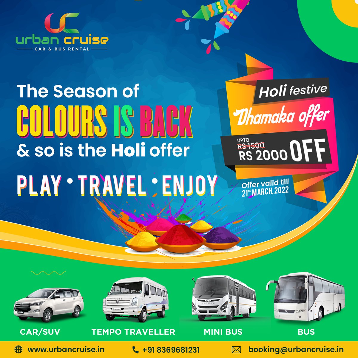UrbanCruiseIn's tweet photo. Holi Dhamaka offer

#Holi #holi2022#beautifuldestination #weekend #neverstopexploring #minibushire  #airporttaxi #luxuaryminibus  #minibushirewithdriver  #hiretempotraveler #luxuaryvehicle #grouptour #tourpackage #roadtrip #tempotravelleronrent #busesonrent https://t.co/T6QslwWUgp