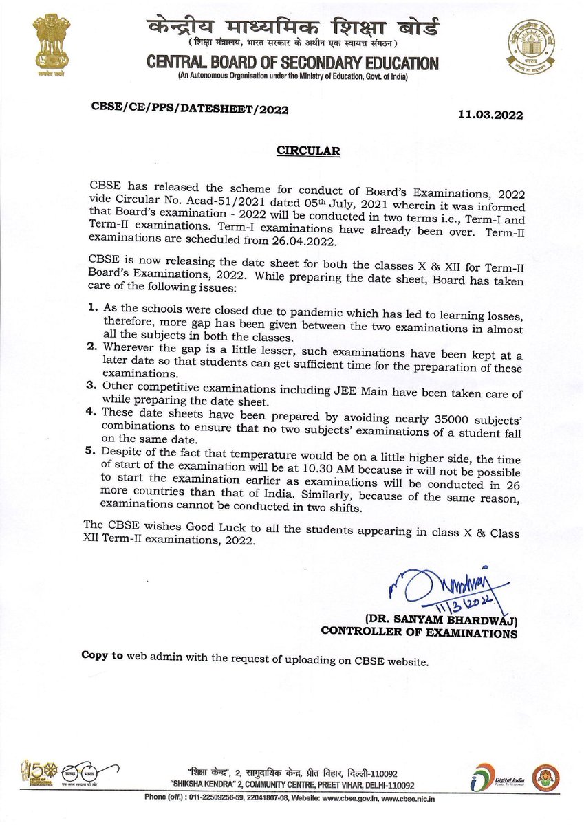 ALLENkota's tweet image. #CBSEexamUpdate
Central Board of Secondary Education (CBSE) has released the Class 10th &amp;amp; 12th Term-2 Board Exam Date Sheet for 2021-22.
Here is the official circular released by @cbseindia29

#CBSE2022 #CBSE #CBSEBoard #CBSEDateSheet #AllenKota #KotaCoaching