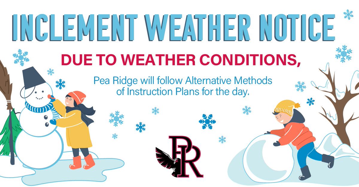 Due to inclement weather, the Pea Ridge School District will pivot to remote learning for Friday 3/11/22. 

Find your AMI assignments and schedule here:
docs.google.com/document/u/1/d…
This is AMI day 7.

Stay warm and safe! 

#PRMSHawks #BlackhawkPride