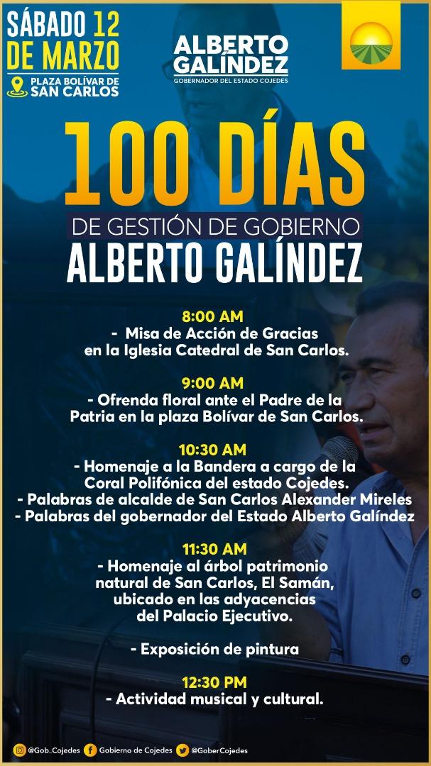 Este sábado #12deMarzo el gobernador <a href="/albertogalindez/">Alberto Galindez</a> y el alcalde <a href="/alexandermirele/">ALEXANDER MIRELES</a> presentan balance de los logros  alcanzados durante estos 100 días de gestión. #VamosVamosCojedes <a href="/alexolvera01/">🇻🇪Alexander Olvera🇻🇪</a> <a href="/ArturoC69755641/">Arturo Caballero</a> <a href="/LasNoticiasd_C/">LasNoticiasdeCojedes</a> <a href="/CONEXIONFM/">((( PLATAFORMA CONEXION )))</a> <a href="/MangoNoticiasC1/">Mango.NoticiasCojedes</a> <a href="/Alc_SanCarlos/">Alcaldía de San Carlos</a>