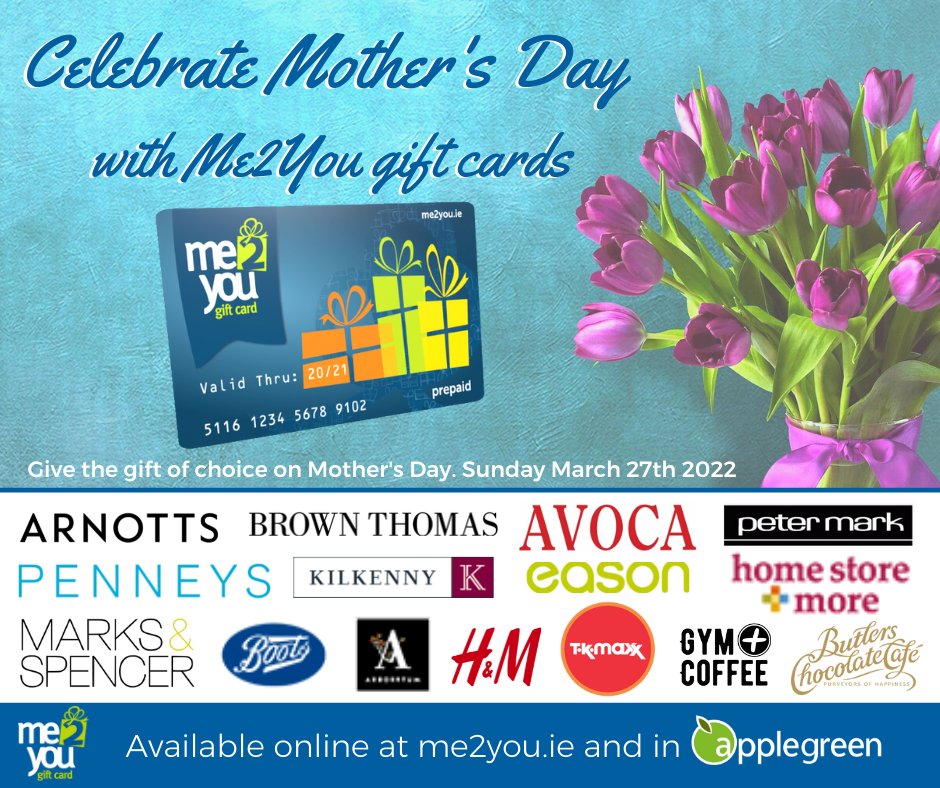 Me2You Gift Card (@fromme2you_gift) on Twitter photo Ma, mum, mammy...whatever you call her make sure to give her the gift of choice with a Me2You gift card this Mother's Day.
Accepted by thousands of retailers across the country. Buy now on me2you.ie or in <a href="/goapplegreen/">Applegreen</a> locations. Ma, mum, mammy...whatever you call her make sure to give her the gift of choice with a Me2You gift card this Mother's Day.
Accepted by thousands of retailers across the country. Buy now on me2you.ie or in <a href="/goapplegreen/">Applegreen</a> locations.
