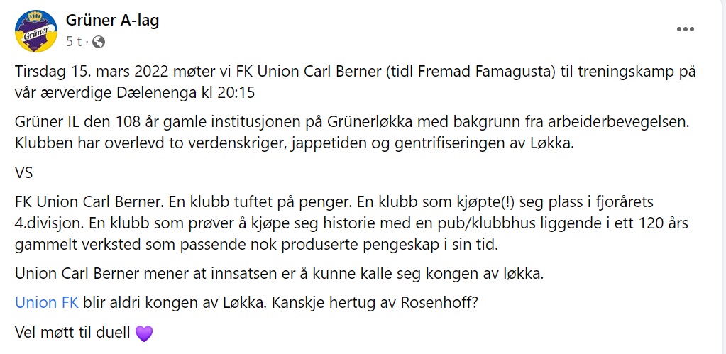 Tips til banehopperne: "Kongen av Løkka". Grüner hisser opp til krig foran tirsdagens treningskamp på Dælenenga. Grüner vs. Union Carl Berner.
<a href="/MariusHelgaa/">Marius Helgå</a> <a href="/Nettels_/">Marius</a> <a href="/pedersen1988/">Raymond Pedersen</a> <a href="/alltidullsokker/">André Øyvåg</a> <a href="/norlink86/">Norlink86</a> <a href="/paabortebane/">Stig-André Lippert</a> <a href="/roysorum/">R🎾y Sørum</a> <a href="/e_groundhopper/">Elisabeth Høisveen</a> <a href="/Noto_DS/">Sören Döpker</a>
