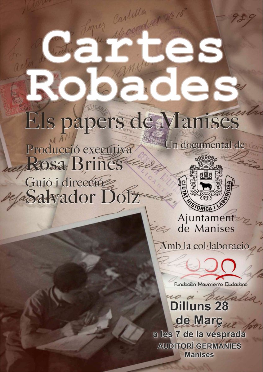 CAMDE_PV's tweet photo. Estem d'enhorabona. Els membres de @CAMDE_PV, #SalvadorEspí, @RosaBrines i @manuelalonsoma3 estrenen documental. Les cartes de Manises, robades per Falange, que mai arribarien a la família.
Amb l'@AytoManises al front, i la  #FMovimientoCiudadano
 https://t.co/tavs8MjGZc https://t.co/FWdjejGv9v