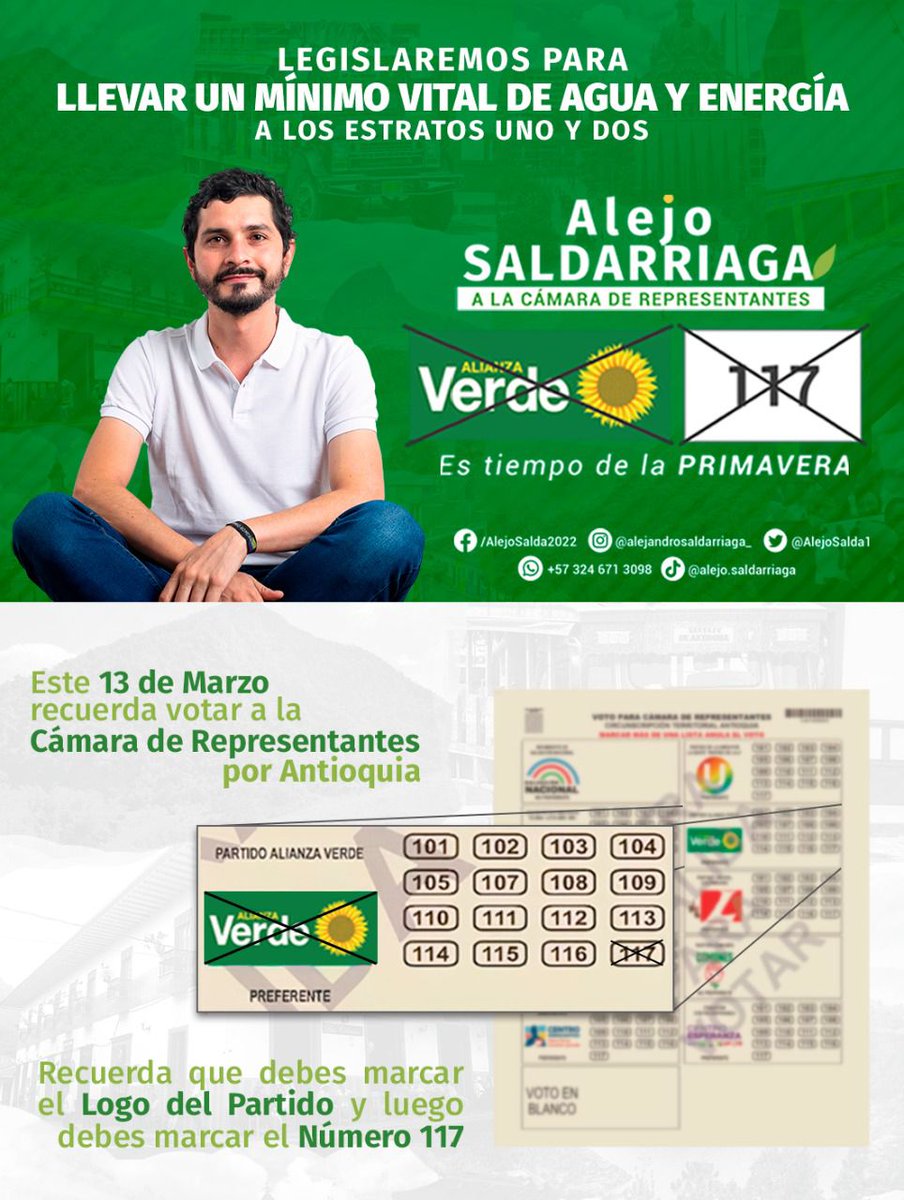 PepeCdba's tweet photo. #LaPrimaveraYaViene vota este domingo por Alejo Saldarriaga a la Cámara de Representantes. Verde 117. Te invitamos a confiar en esta juntanza política, somos una campaña que cree en la ética, que trabaja por un cambio real. https://t.co/6XbloxNWrL