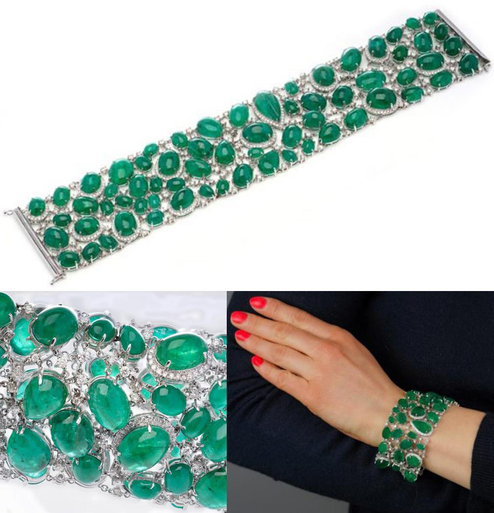 A fabulous Emerald cabochon single strand bracelet, of 42 carats and set  with a sterling silver Soli