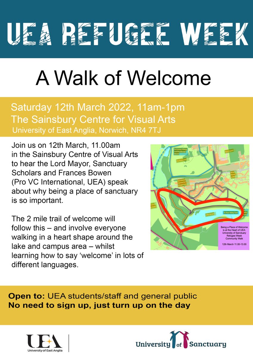 UeaSanctuary's tweet photo. #UEArefugeeweek starts tomorrow! Join us for our first event- 'Walk of Welcome' tomorrow at 11am in the @SainsburyCentre. The Lord Mayor, Sanctuary Scholars and Prof Frances Bowen (UEA) will open the event by speaking about why being a place of welcome is so important. https://t.co/PxeqfraxDj