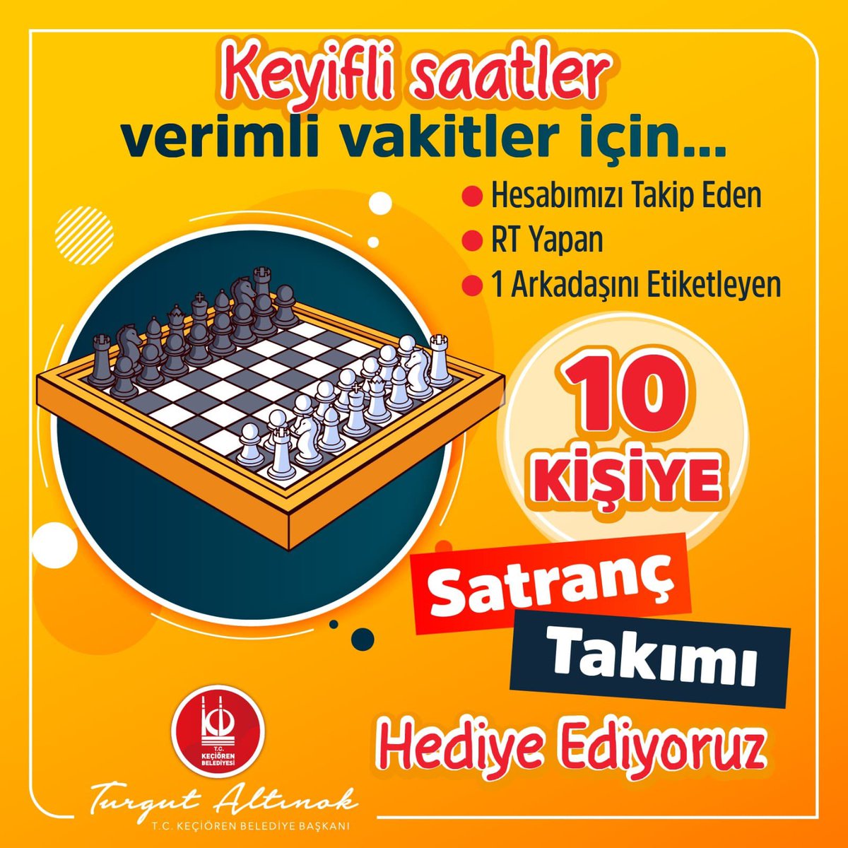 Satranç, vaktinizi hem keyifli hem de verimli geçirmek için güzel bir tercih…

♟Hesabımızı Takip Eden
♟RT Yapan
♟1 Arkadaşını Etiketleyen

10 Kişiye Satranç Takımı Hediye Ediyoruz…