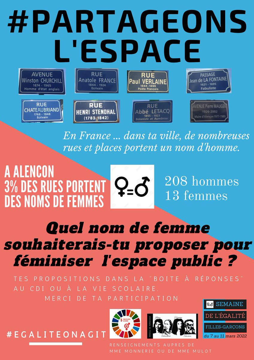 CollegelouiseM's tweet photo. #Semaineegalite .. Quel nom de femme souhaiterais-tu proposer pour féminiser l’espace public ? Quelles seraient tes propositions pour renforcer l’@EgaliteFH ? Hors temps de classe, les élèves sont invités à s’exprimer et à donner leur avis. @Joaquim_PUEYO @ac_normandie  @Prefet61 https://t.co/v6mUiBU9LZ