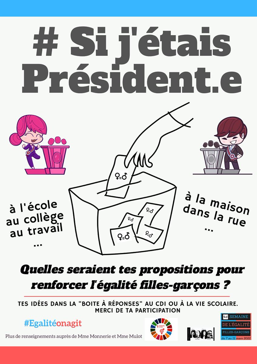 #Semaineegalite .. Quel nom de femme souhaiterais-tu proposer pour féminiser l’espace public ? Quelles seraient tes propositions pour renforcer l’<a href="/EgaliteFH/">Egalité F/H</a> ? Hors temps de classe, les élèves sont invités à s’exprimer et à donner leur avis. <a href="/Joaquim_PUEYO/">Joaquim PUEYO</a> <a href="/ac_normandie/">Académie de Normandie</a>  <a href="/Prefet61/">Préfet de l'Orne 🇫🇷</a>