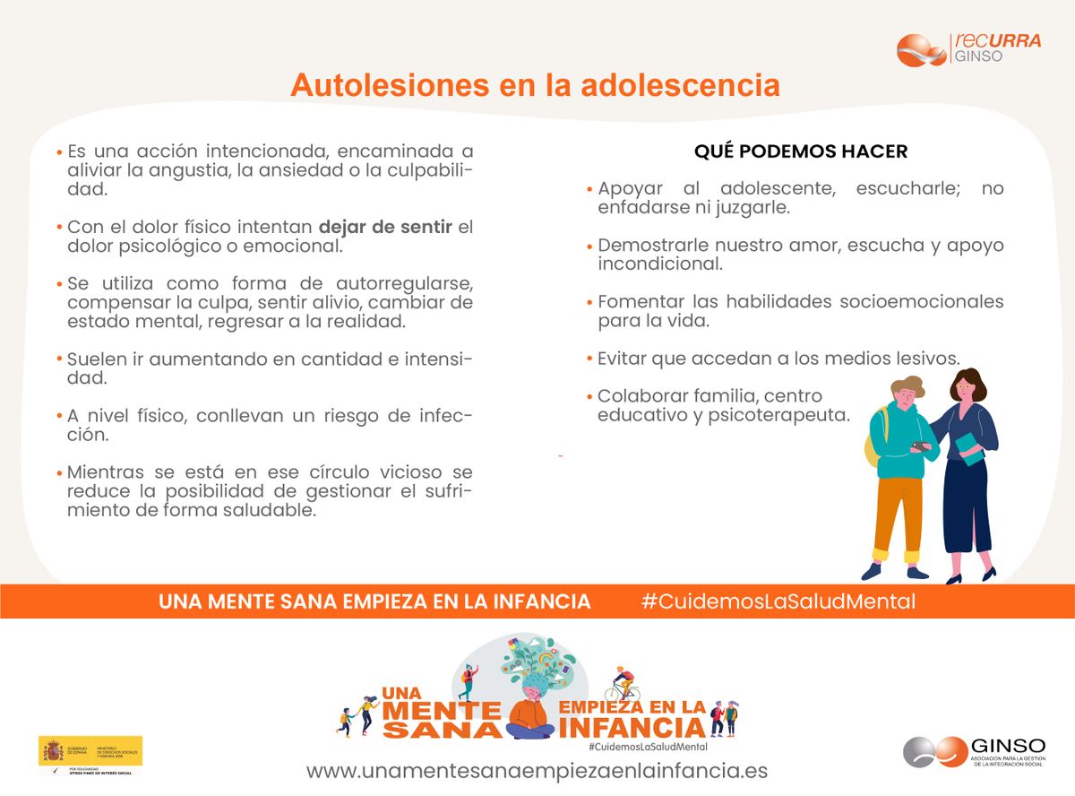 Para ayudar a adolescentes que se autolesionan, necesitamos comprender por qué lo están haciendo. Desde RECURRA GINSO os recomendamos cómo apoyarles en esta situación. 
#UnaMenteSanaEmpiezaenlaInfancia 

➡️ unamentesanaempiezaenlainfancia.es/suicidio-autol…