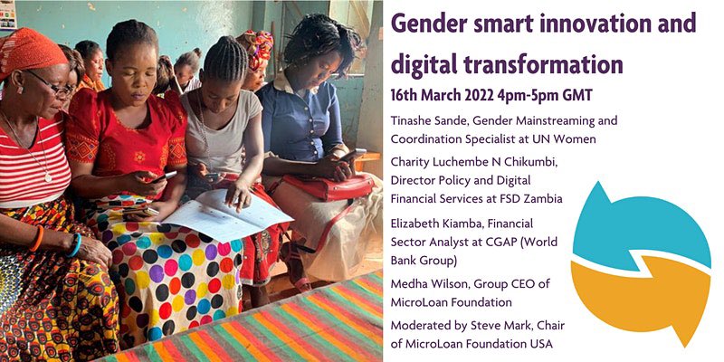 Please join us March 16 at 12PM ET for an informative discussion on digital financial innovation for women. 

Register on Eventbrite: eventbrite.co.uk/e/gender-smart…. 

Gender smart innovation &amp; digital transformation.
<a href="/MicroLoanUSA/">MicroLoan Fdn. USA</a> <a href="/UN_Women/">UN Women</a> <a href="/CGAP/">CGAP</a> <a href="/fsdzambia/">FSD Zambia</a> 

#digitalfinancialservices