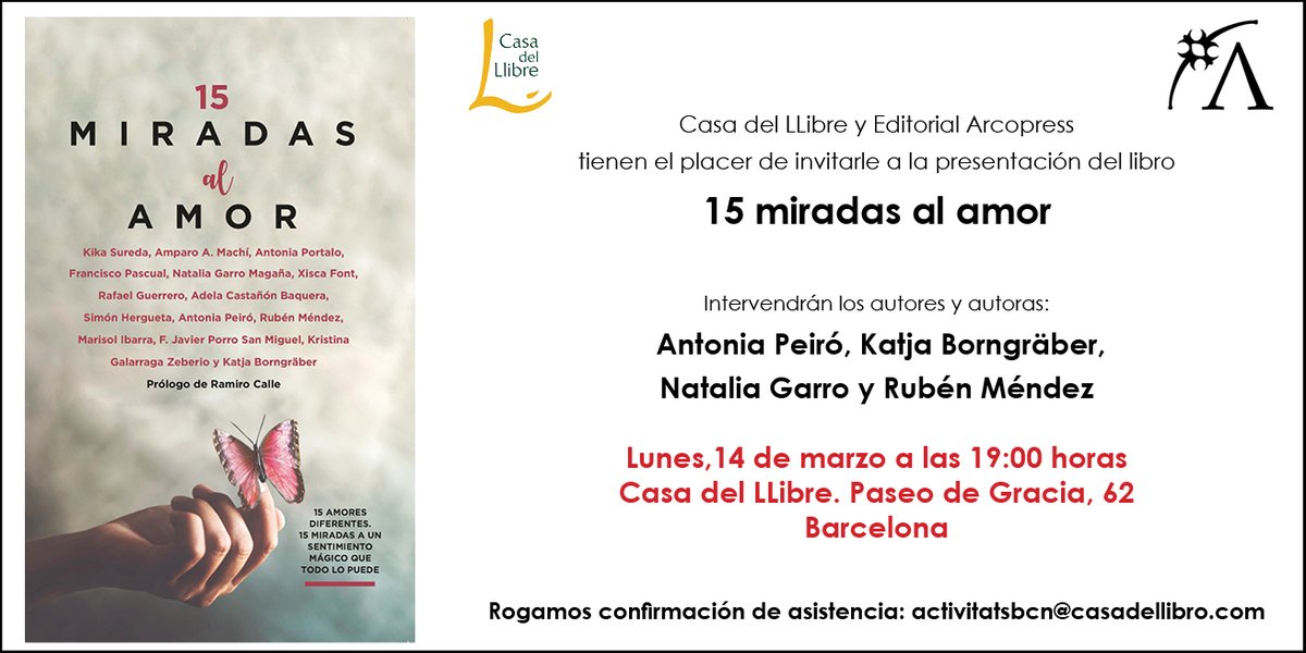 casadellibro's tweet photo. El lunes tendremos presentación de #15MiradasAlAmor en nuestra librería de #PasseigDeGràcia

@AlmuzaraLibros #AntoniaPeiró #KatjaBorngräber #NataliaGarro #RubénMéndez https://t.co/smIzKsUYto