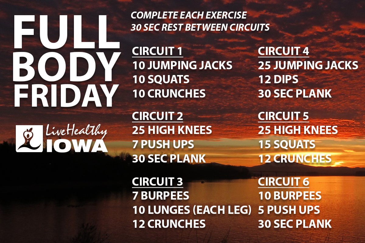 livehealthyiowa's tweet photo. The perfect #fitnessFriday workout to get you ready for the weekend!
#LiveHealthyIowa #keepmovingIowa #circuitworkout https://t.co/uNiZhTfL35