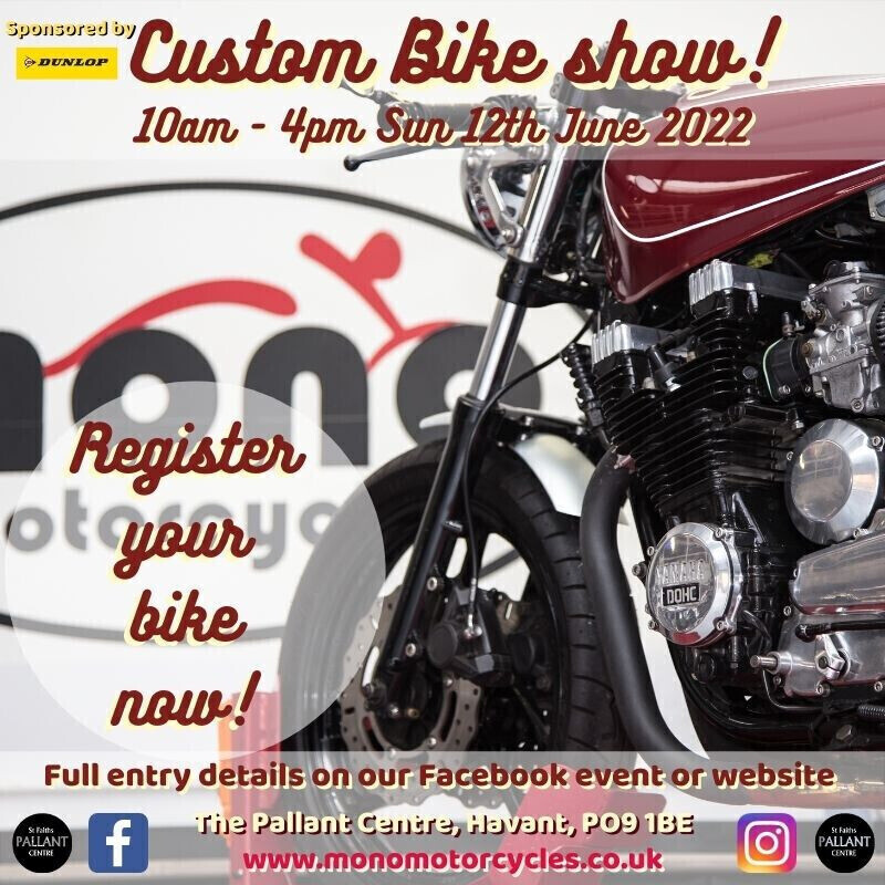 monomotorcycle1's tweet photo. Custom Bike Show.  Register your bike now! Full entry details on our Facebook event or website https://t.co/fZUCmI8KxX Please share! https://t.co/Kc4mlWPLhm
#CustomBikes #CustomMotorcycles #CustomMotorcycle  #CustomBikeShow #CustomMotorcycleShow #dunloptyres #bikeshow https://t.co/Z7ZGfuAJ4j
