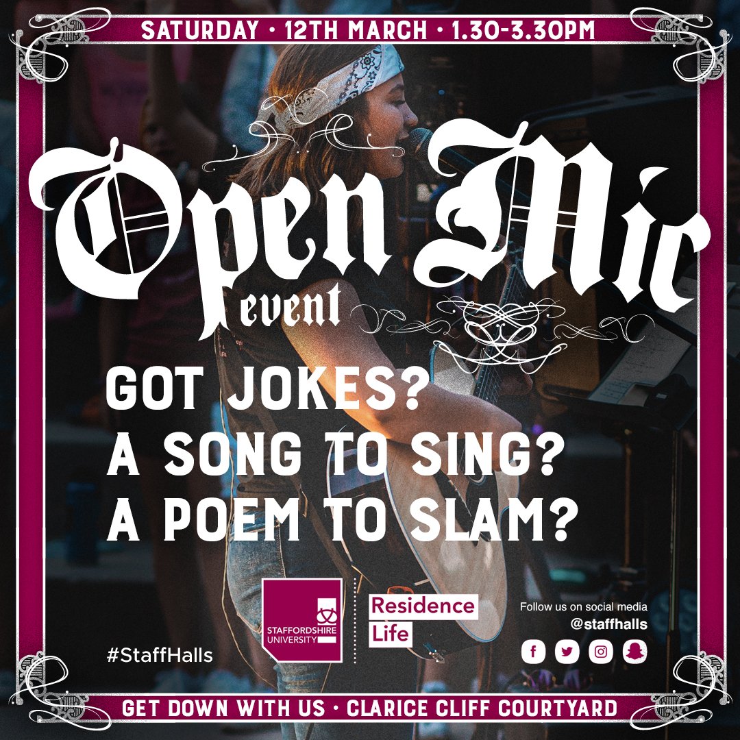 StaffsHalls's tweet photo. Tomorrow in the Clarice Cliff Courtyard!
Everyone is welcome, come along and show us your skills!

#jamsession #openmicnight #freemusic #openmic #students #studentlife #uni #university #universitylife #unilife #campus #reslife https://t.co/d0qmW83lIW