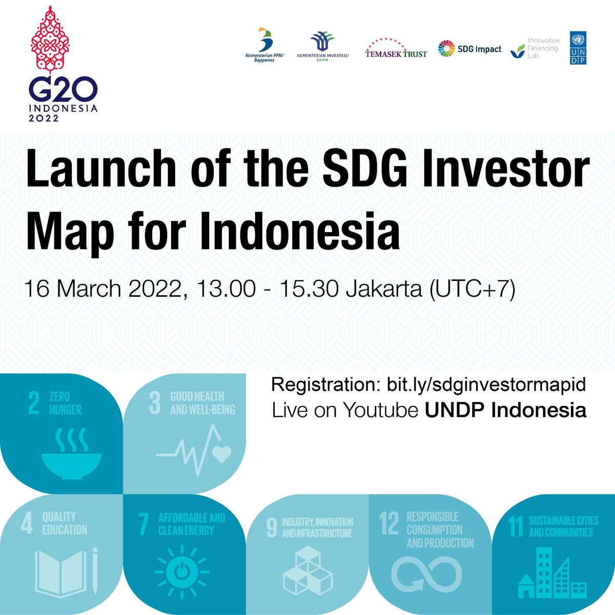 Our Indonesia 
#SDGInvestorMap launches on 16 March 🇮🇩 Join us & @BappenasRI @bkpm @UNDPIndonesia  for the launch event to learn about the investment themes that have significant potential for sustainable development impact in #Indonesia
Register 👉 lnkd.in/gHnMBe9J
