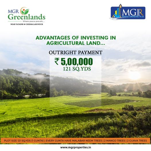 “I think having land and not ruining it is the most beautiful art that anybody could ever want to own.”
Book Your Plot Today!!
Call Us: 9848229966
E-Mail: info@mgrproperties.in 
#realestateinhyderabad #FarmLands #farmlandforsaleinhyderabad #farmplots #farmvillas #realestate
