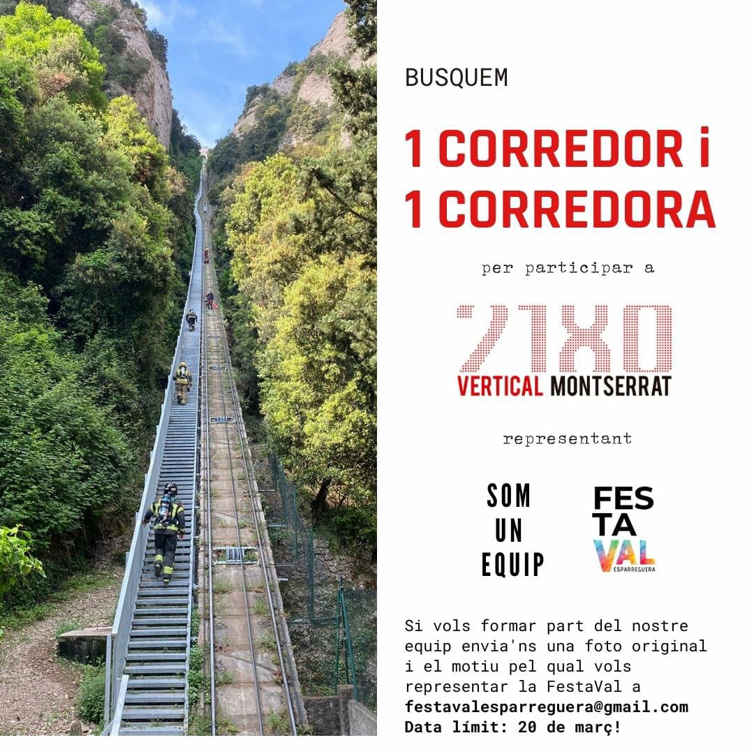 AmpaGarriga's tweet photo. Aquest any la FestaVal torna a participar a la Vertical Montserrat en la categoria Som un equip! 

🏃🏼‍♀️🏃🏼‍♂️ Per això, busquem 1 corredor i 1 corredora que ens representin en aquesta cursa solidària de 2180 escales organitzada per Bombers amb Causa. https://t.co/jQa8Xrcttq