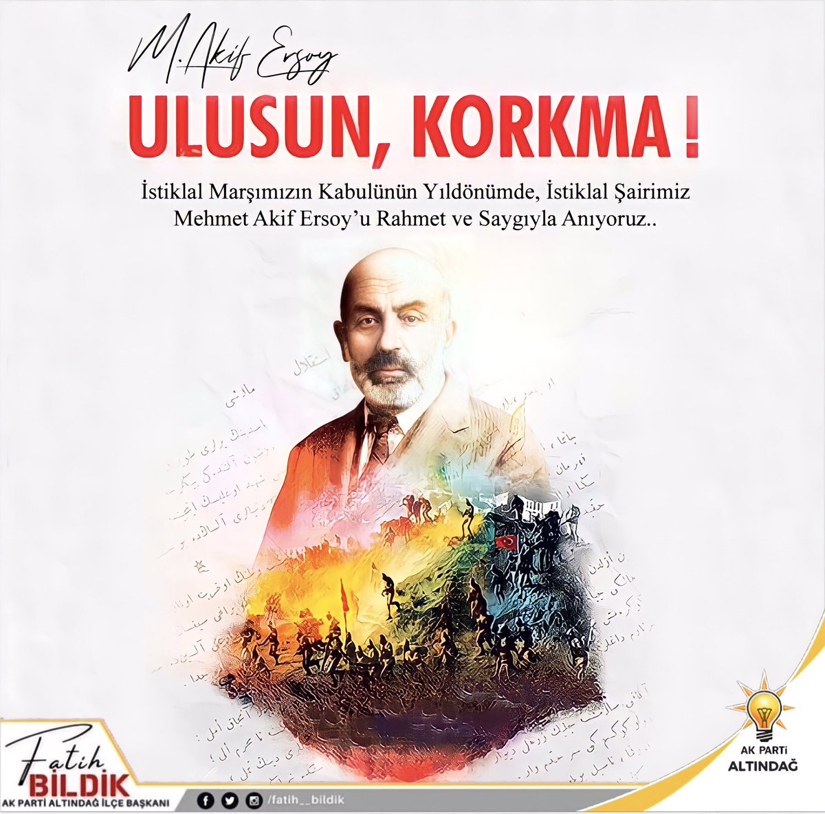 Fatih__Bildik's tweet photo. “Ulusun, Korkma!”

İstiklal Marşımızın kabulünün 101. yıldönümünde Milli Şairimiz Mehmet Akif Ersoy’u ve tüm şehitlerimizi rahmet ve minnetle anıyorum.

#MehmetAkifErsoy https://t.co/iGpFMBSQCO