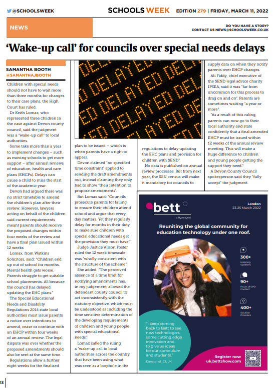 <a href="/KeithLomax2/">Keith Lomax</a>'s successful case in the High Court also received great coverage on page 13 of this week's edition of Schools Week (see below). 
#judicialreview #SEND #educationlaw #EHCP