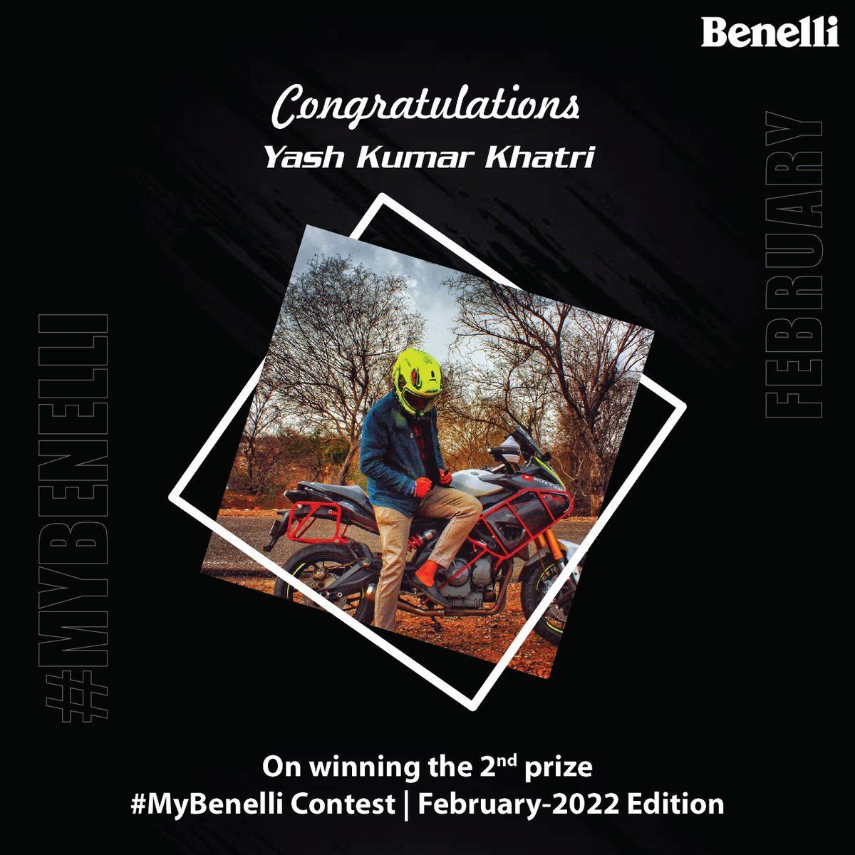 BenelliIndia's tweet image. Congratulations!!! Mr Yash Kumar Khatri @yash_tuber you have secured 2nd place in the #MyBenelli February-2022 Edition. 
We wish you do many more miles on your Benelli and create a lifetime of memories!! #SecondWinner #Hyderabad #Benelli #BenelliIndia #India