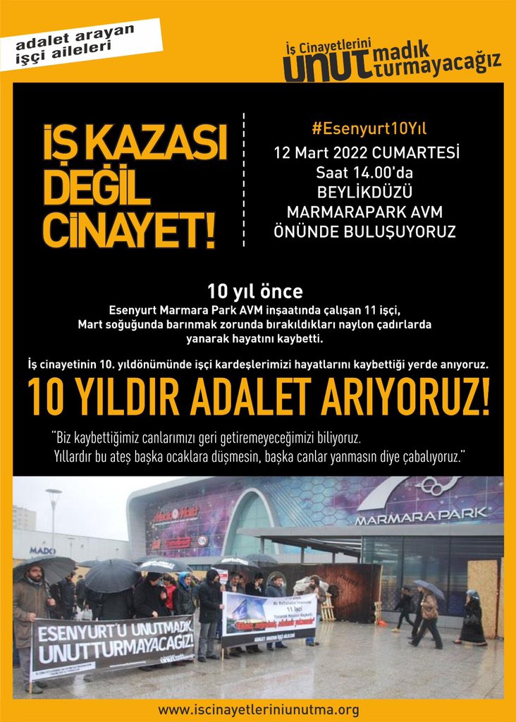 iscinayetleri's tweet photo. 11 Mart 2012 ,Esenyurt’taki Marmara Park AVM şantiyesinde çalışan işçilerin yatakhane olarak kullandıkları üç çadırda çıkan yangında hayatlarını kaybeden  11 işçi  kardeşimizi ölüm yıldönümlerinde saygıyla anıyoruz. https://t.co/B43GCvu0gi