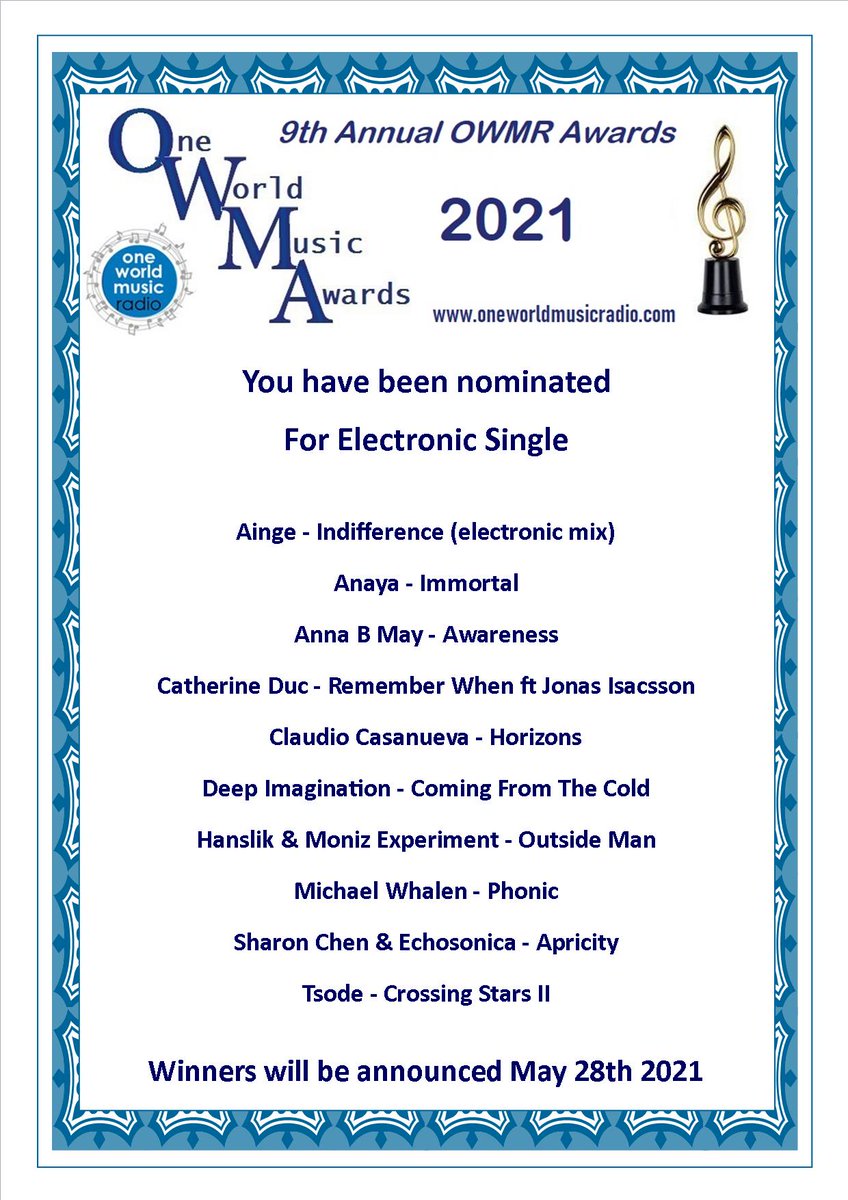 _Ainge_'s tweet photo. What an honour to be nominated for Electronic Single for the @OneWorldMusicEU awards! Thank you so much 😃💛🎶😎
#electronicmusic https://t.co/VKyzSWVOh6