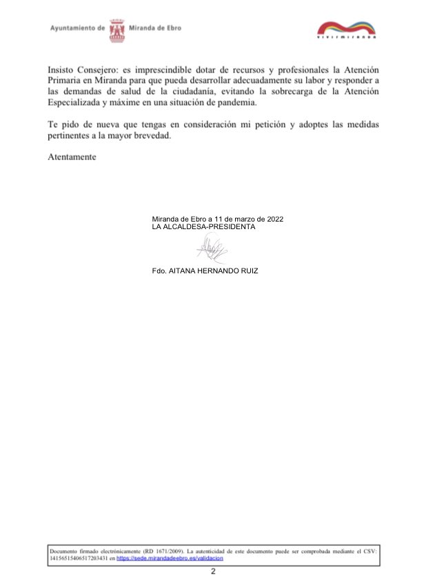 La Alcaldesa de Miranda de Ebro, Aitana Hernando, ha remitido una carta al Consejero de Sanidad para mostrar su preocupación sobre la sanidad pública y el servicio de atención primaria en la ciudad. 
#mirandadeebro #vivemiranda