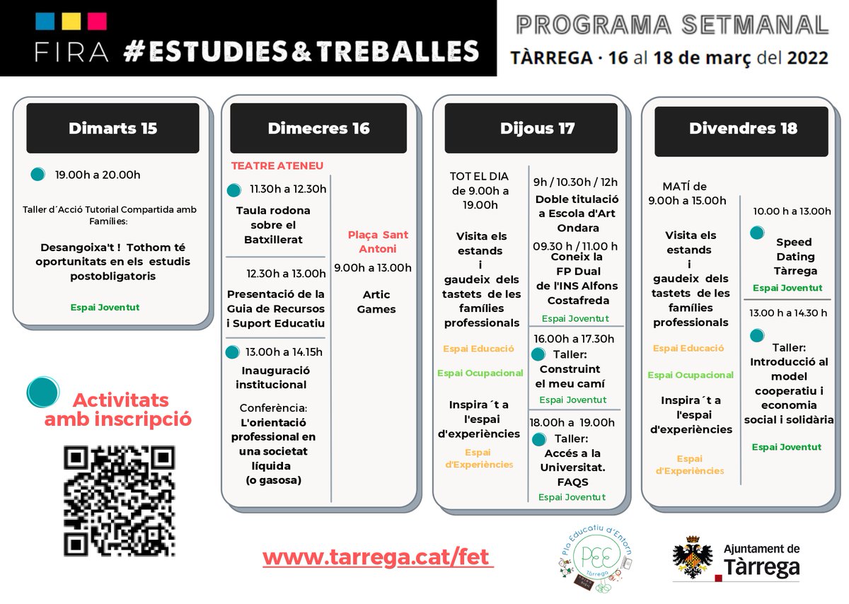 ajtarrega's tweet photo. 📢 Si voleu saber quina és l'oferta educativa i laboral de què disposem a #Tàrrega, participeu a la 2a edició de la Fira #Estudies &Treballes
🗓️ Serà del 16 al 18 de març
📲 Consulteu quines activitats requereixen inscripció a: https://t.co/hbWQWDWJ2z
🔗https://t.co/7XUERuU2ym https://t.co/JyjfX2OIrX