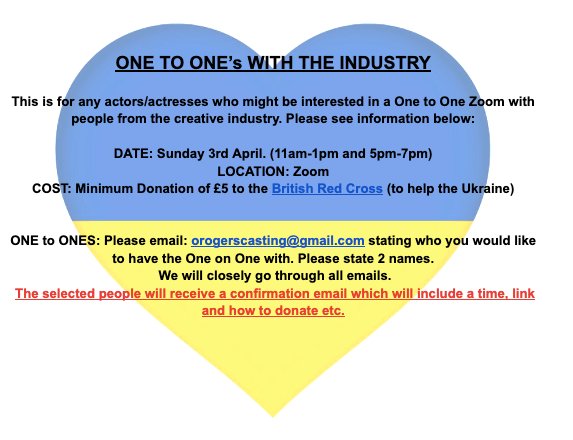 OlissaRogers's tweet photo. Happy Friday!

I'm organising a One-to-Ones event with people from the creative industry for actors/actresses to meet. 
This is a charity event to raise money for Ukraine. 
Please share and RT🤍

List below (with more names to follow) 

#Ukraine️ #UkraineCrisis #charity #casting https://t.co/ufz33VP8LS