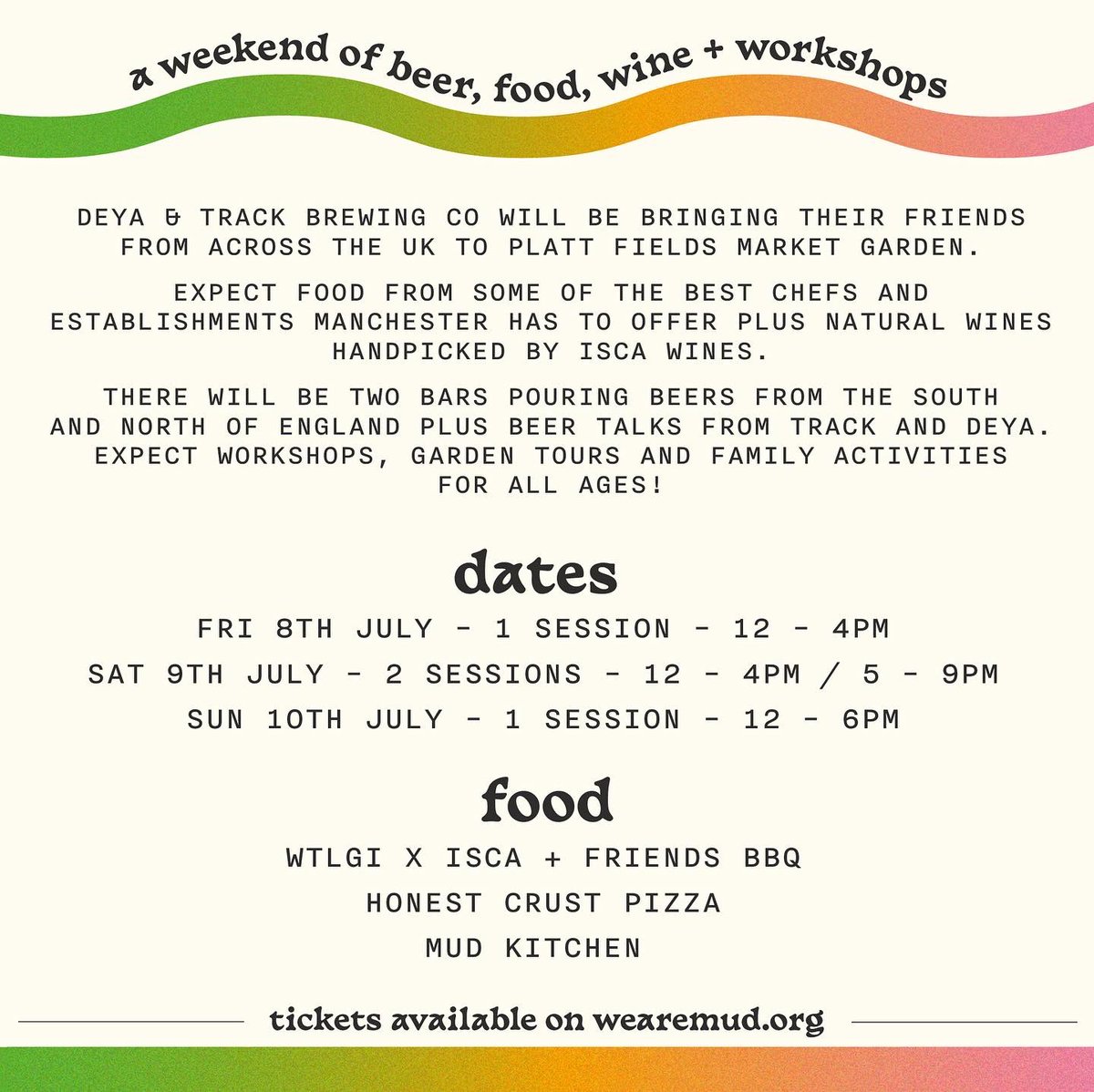 DON’T SAY WE DON’T TREAT U 😉 

BEERS IN THE GARDEN 🍻

On July 8th - 10th we are bringing together some of the best breweries from around the UK, alongside incredible local food producers and set in the urban oasis of Platt Fields Market Garden.

Tickets: wearemud.org/event-details/…