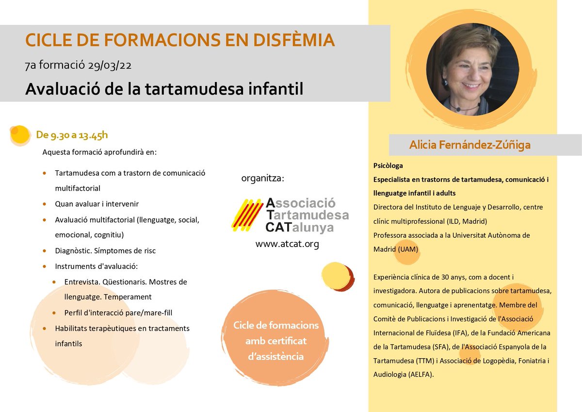difusio_atcat's tweet photo. Continua el cicle de formacions online especialitzades en disfèmia. La propera anirà a càrrec d'Alicia Fernández-Zúñiga i serà el proper dimarts 29 de març 👆👆🧐

#tartamudesa #quequesa #tartamudez #stuttering https://t.co/fBcqdu71xG