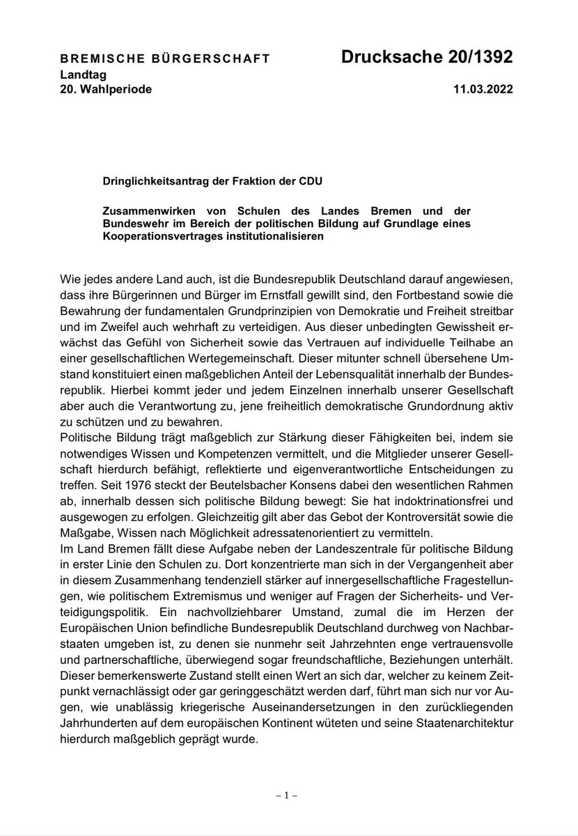 afdwatchbremen's tweet photo. Perfide wie die Bremer CDU ist, nutzt sie den Krieg in der #Ukraine unvermittelt aus, um in einem „Dringlichkeitsantrag“ faktisch zu fordern, SchülerInnen sollten für die Interessen von NATO und Bundeswehr effizient indoktriniert werden dürfen. #Bremen #CDU #NoAfD https://t.co/dyPghlrO73