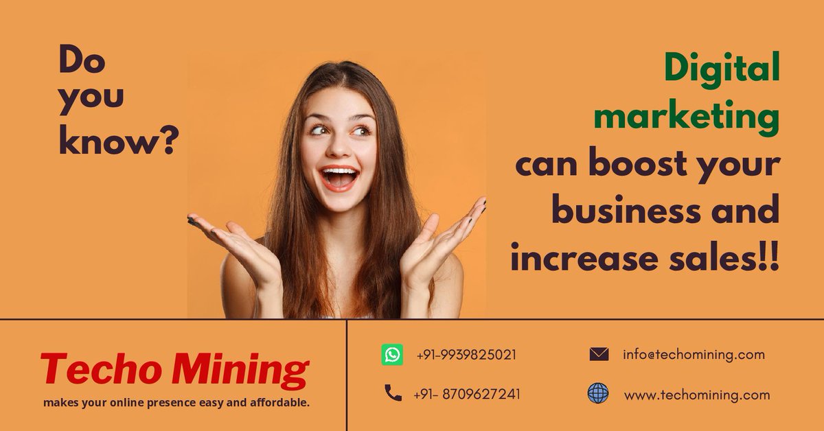 TechoMining's tweet photo. Do You know?

Digital Marketing can boost your business and increase sales!!

 #digitalmarketing #marketing #socialmediamarketing #socialmedia #business #seo #branding #marketingdigital #onlinemarketing #entrepreneur #advertising #contentmarketing #marketingstrategy #digital https://t.co/52zNulxIRc