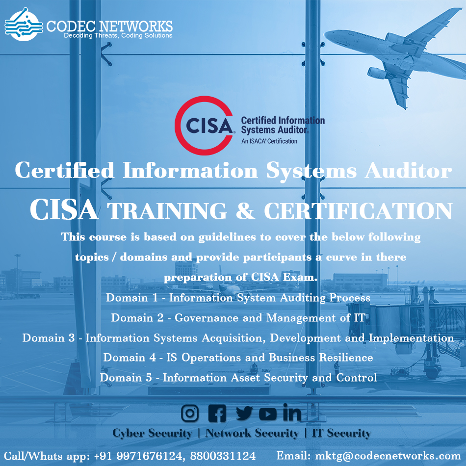 Codec_Networks's tweet image. #CISATraining course is based on guidelines to cover the below following domains and provide participants a curve in their preparation of #CISAExam

👉#CISACertification lnkd.in/fv5PQab

👉#ISACATraining Courses lnkd.in/g9T7CqM

#CISA #ISACA #CEH #ECIH #ECCouncil