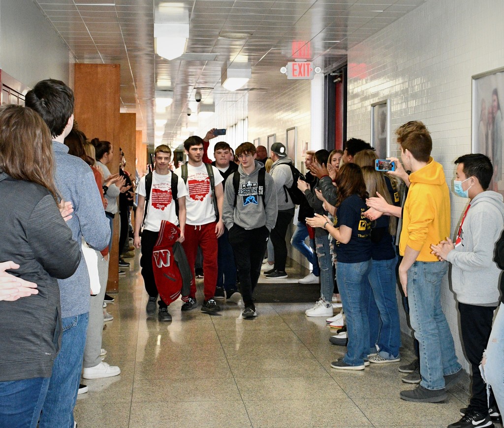 WestfallHS's tweet photo. Our state-bound wrestlers got a send-off from our students and staff, walking through the halls to cheers and music. Lots of Mustang Pride in their performance this season! Good luck Tony Hoty, Trey Keeton, and Bryce Wickline! https://t.co/wqcHIxQQO1