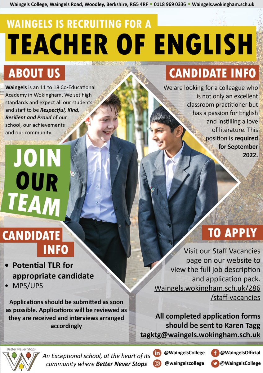 Waingels_'s tweet photo. Come and join our growing school! 

We are seeking to appoint a Teacher of English with potential TLR, please see details below. 

For full job description and details on how to apply, please visit the vacancies page of our website here https://t.co/lx2DJqlQe5

Please share https://t.co/diGsFd9xKB