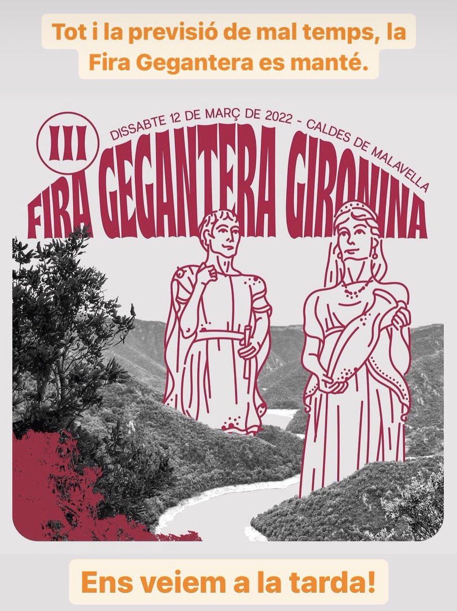 Tot i la previsió de pluja, demà es manté la 3a #firageganteragironina a #CaldesdeMalavella. Ens hi trobareu a la tarda. No hi falteu! #gegantsgironins #músicatradicional <a href="/GegantsGironins/">Gegants Gironins</a> @gegantscaldes