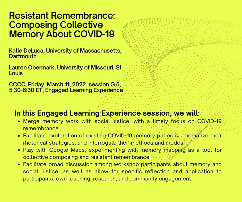 Come hang out with <a href="/kmdeluca/">Katie DeLuca</a> and I late this afternoon to explore memory work as social justice &amp; experiment with google maps as collective composing tool! #4C22 (G.5, 5:30-6:30 ET)