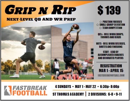 Local and Accomplished Coaches * Unique Format * The Most Reps

Registration Open:

fastbreakfootball.sportngin.com/register/form/…

<a href="/Adam_Weber8/">Adam Weber</a> 
<a href="/CCarp1622/">CoachCarp1622</a> 
<a href="/jerdydude/">Jerdy</a> 
<a href="/PrepRedzoneMN/">Prep Redzone Minnesota</a>  
<a href="/mfca_now/">MFCA-The Keepers of the Game</a>