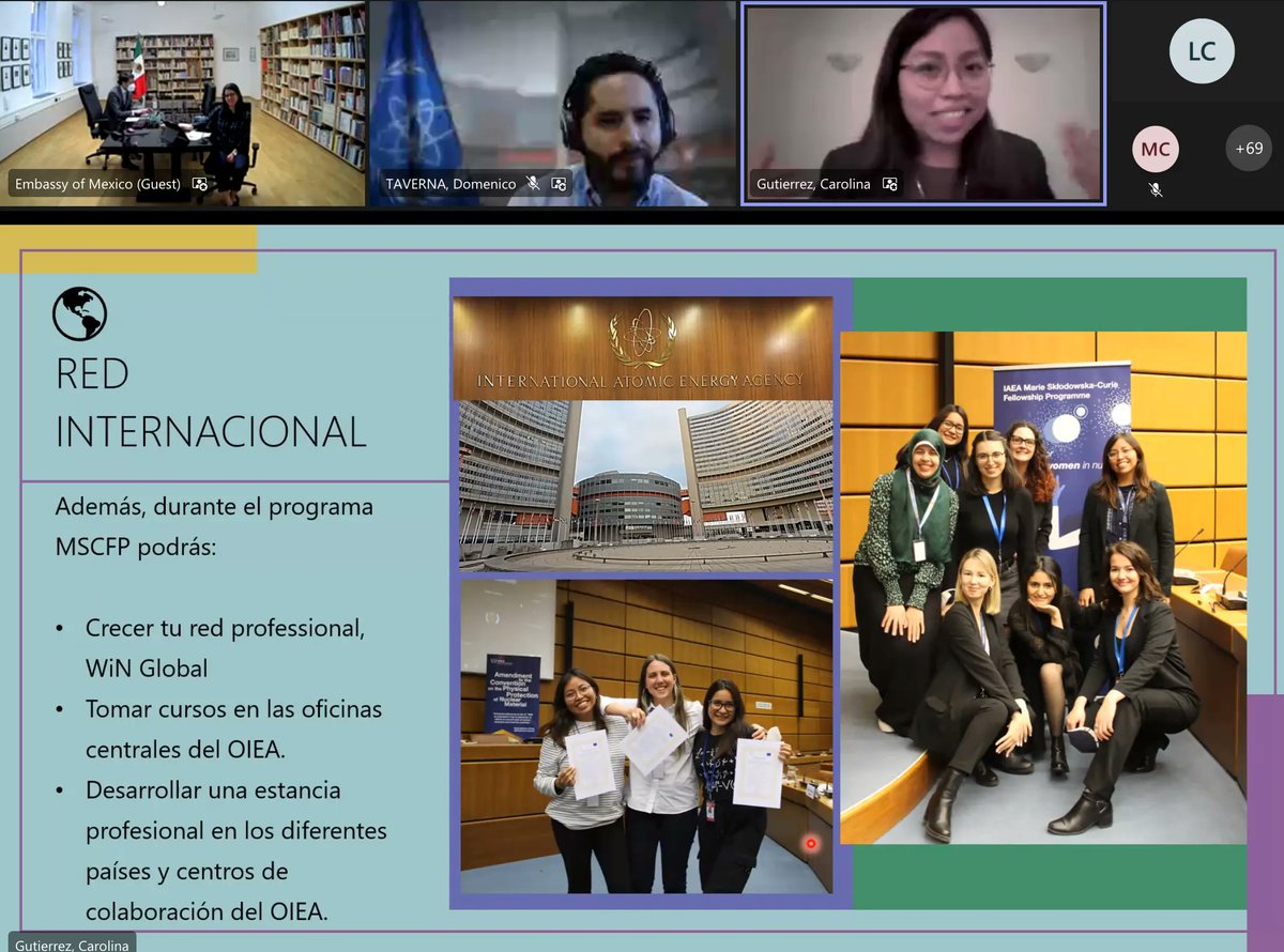 EmbaMexAua's tweet photo. Durante el evento “¿Cómo emprender una carrera en el ámbito nuclear?” compartimos oportunidades laborales y de formación para ♀️ que ofrece el @iaeaorg. 

⚛️ @carogtz6 y @raquelhs25 de @womennuclearMX nos compartieron sus experiencias en lo nuclear.

#MujeresEnLoNuclear https://t.co/vWGtC97pyc