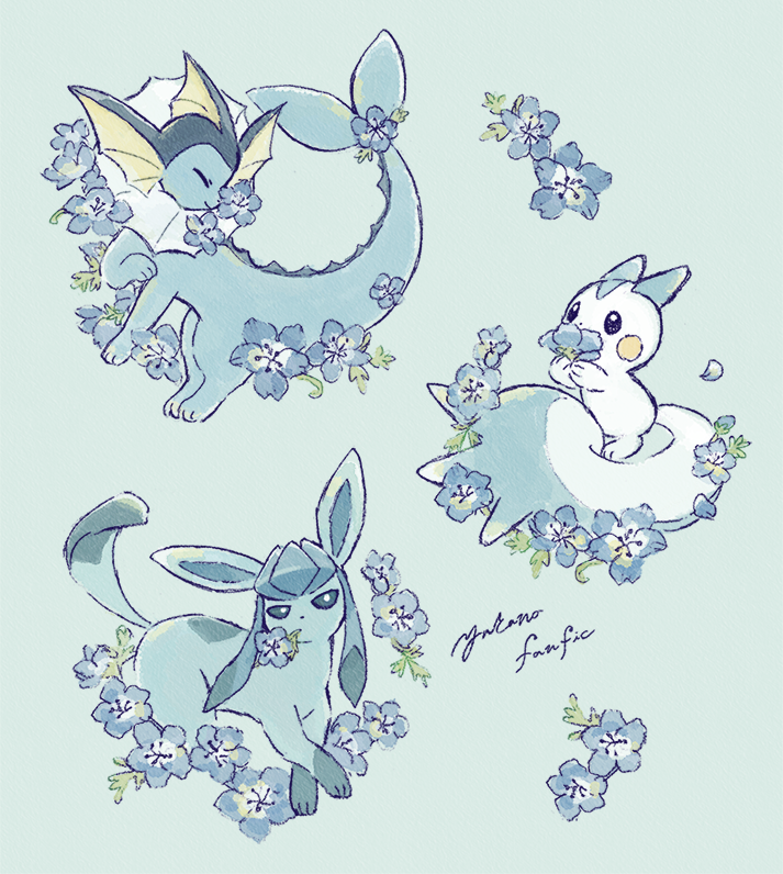 glaceon ,vaporeon pokemon (creature) no humans flower blue flower closed eyes signature lying  illustration images