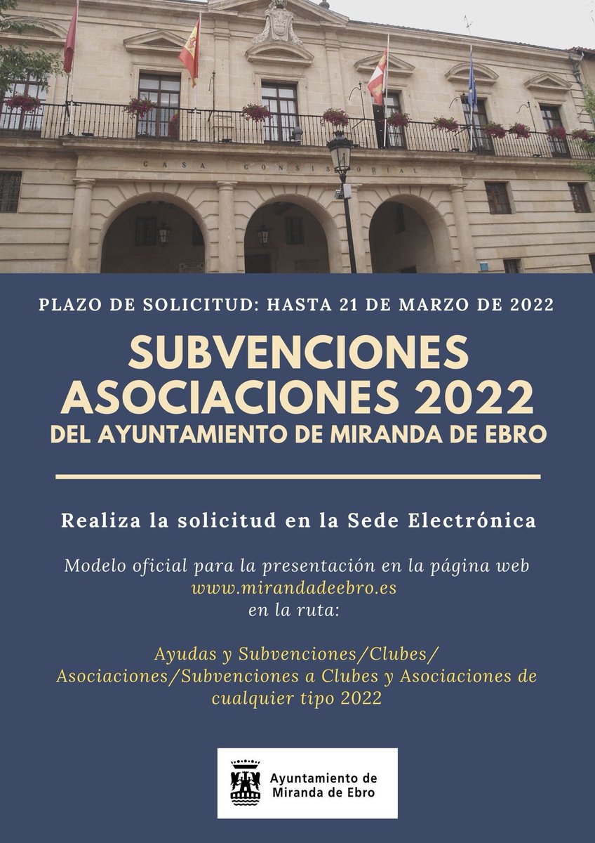 Plazo de solicitud de subvenciones del Ayuntamiento de Miranda de Ebro para asociaciones. 
#mirandadeebro #vivemiranda